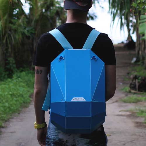 blue hard shell backpack