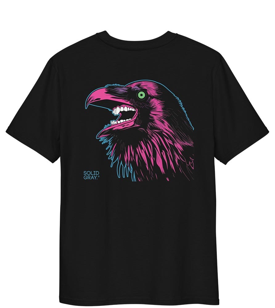 Black t-shirt with bold graphical raven print
