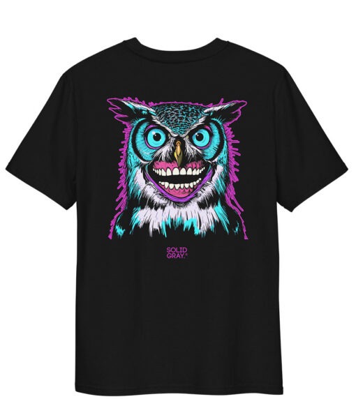 Black t-shirt with bold graphical owl print