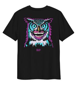 A bold graphic print of a owl on a black t-shirt