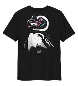 A bold graphic print of a penguin on a black t-shirt