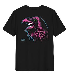 A bold graphic print of a Raven on a black t-shirt